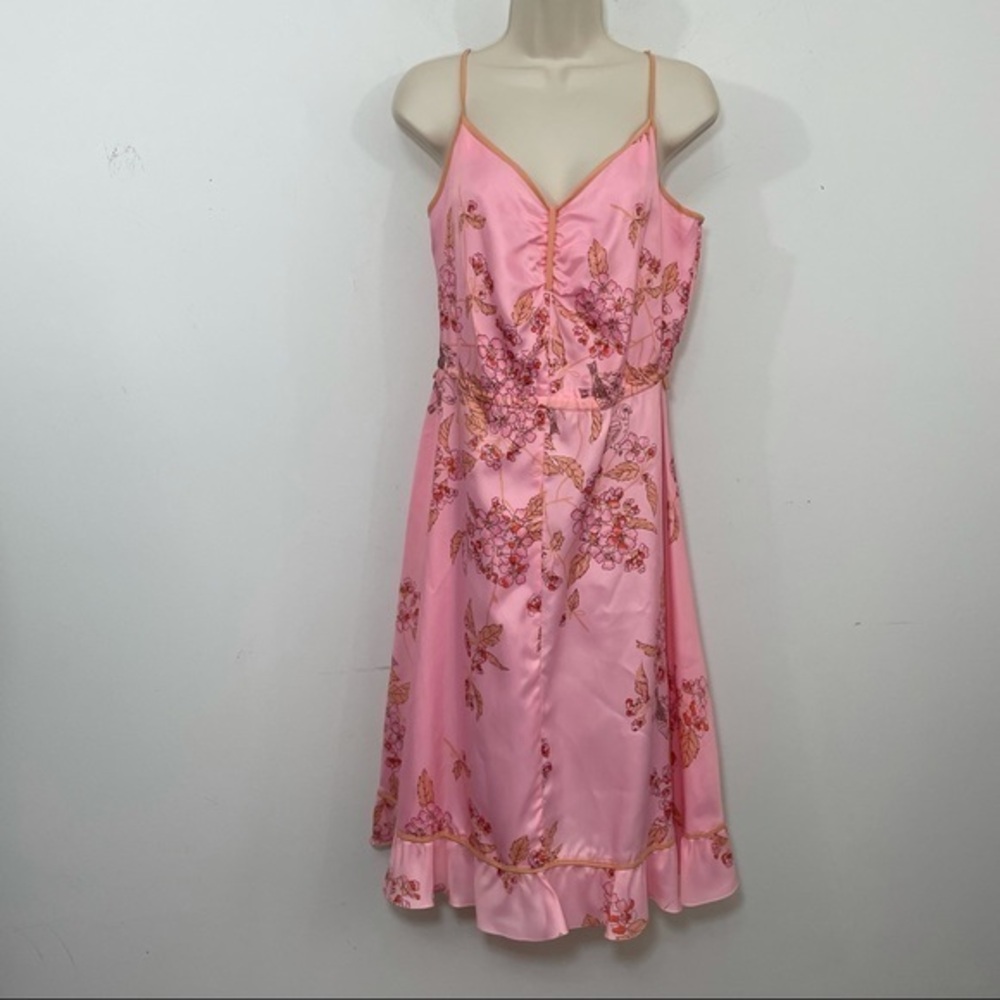 Vintage pink bird floral print slip dress spaghetti straps v-neck size M 8 10